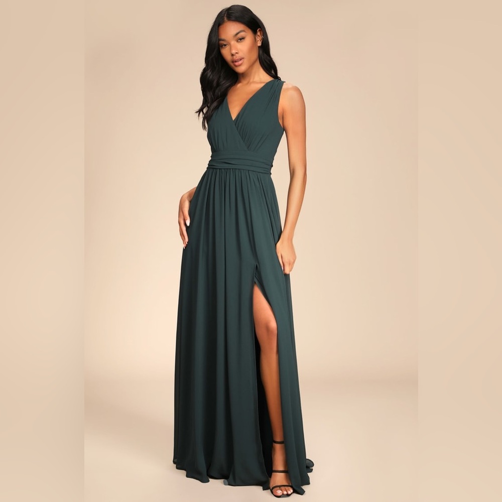 Lulus-Thoughts of Hue Emerald Green Surplice Maxi Dress (Large)